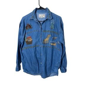 Vintage 90s BSA Embroidered Denim Shirt Noah's Ark Animal Print Medium‎